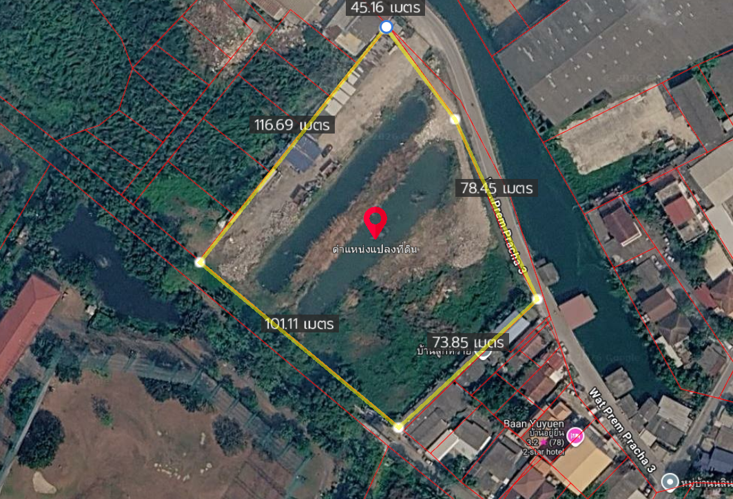 ขายที่ดินซอยเปรมประชากร 3 (บางพูน) ปทุมธานี 6 ไร่เศษ ผังสีชมพู หน้ากว้าง 78.54 ม. ใกล้ถนน 346